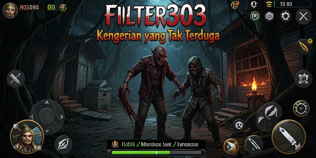 Screenshot gameplay FILTER303 menampilkan momen menegangkan dalam suasana Horror.