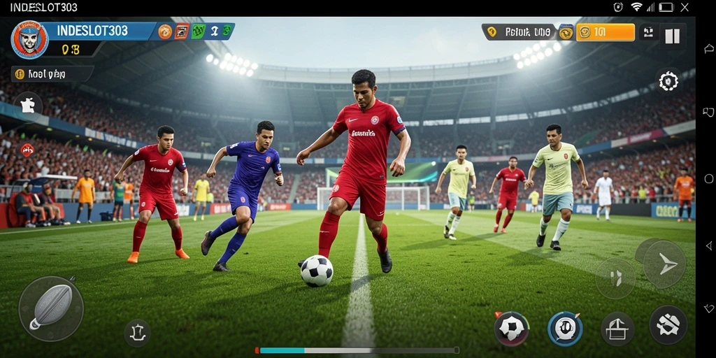 Tampilan gameplay nyata dalam pertandingan sepak bola yang mendebarkan.