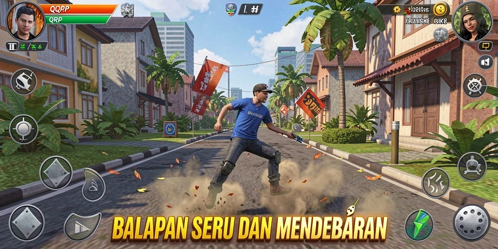 Screenshot gameplay QQRP dengan aksi balapan yang mendebarkan.