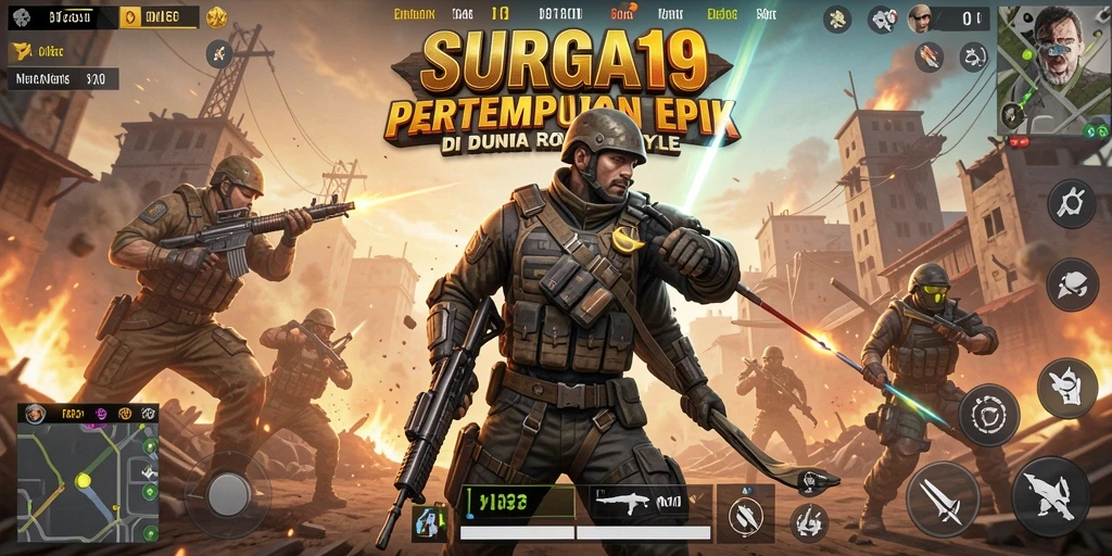 Screenshot utama SURGA19 menampilkan aksi seru gameplay Battle Royale.