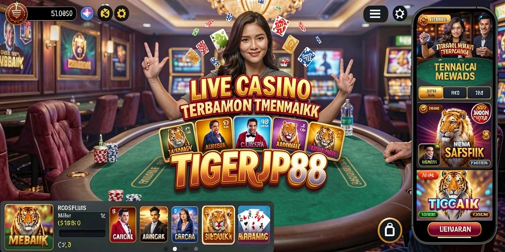 Screenshot gameplay TIGERJP88 menampilkan dealer yang ramah dan interaksi langsung.