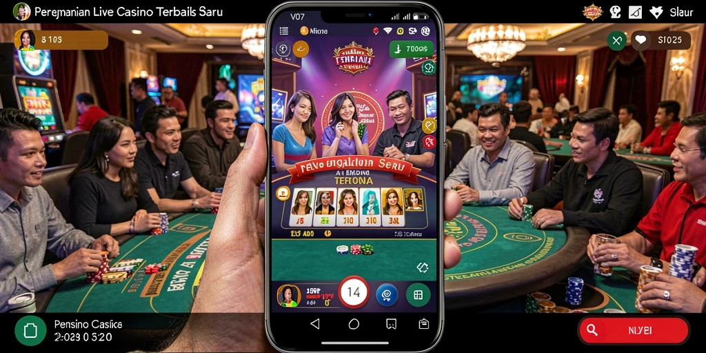 Tangkapan layar gameplay Live Casino V07 menampilkan dealer langsung dan suasana kasino yang menarik.
