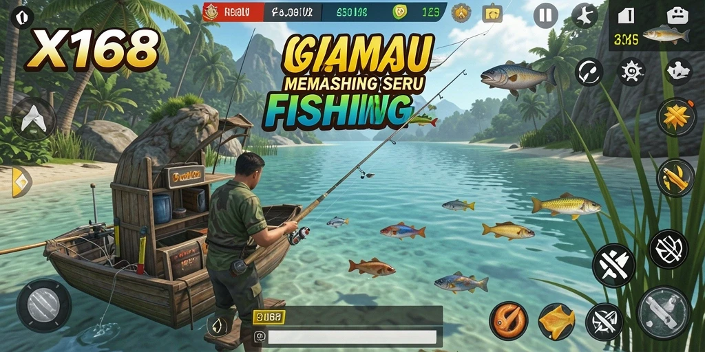 Tampilan gameplay X168 dengan ikan yang sedang ditangkap.